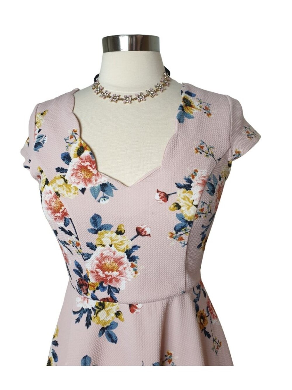 Three Pink Hearts Womens M Dress Pink Yellow Floral Lace Back Cottage Coquette - Picture 8 of 9